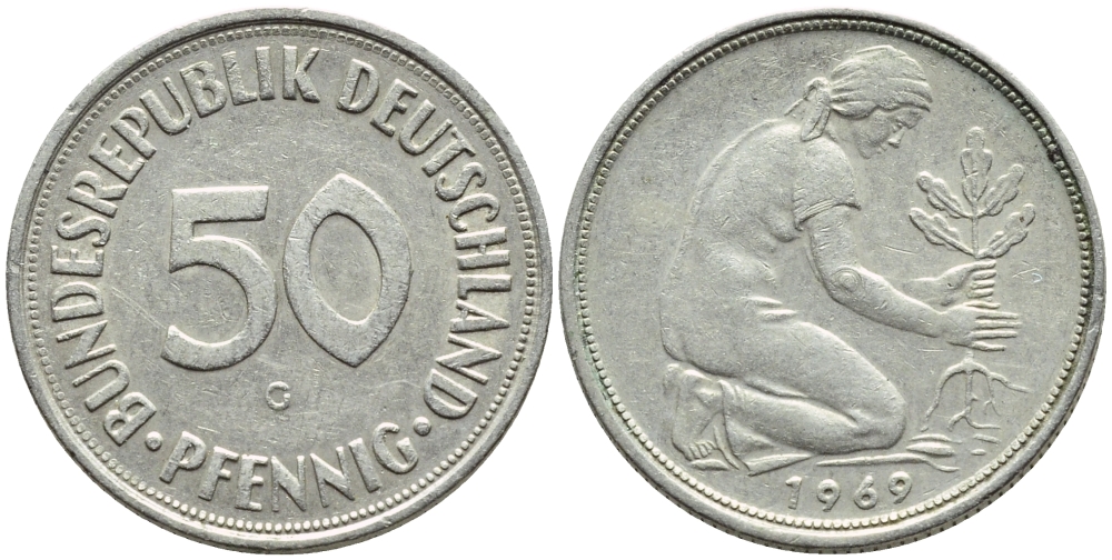 ФРГ 50 пфеннигов 1969 G КМ 109.1J.384 медно-никель 4392-1049
