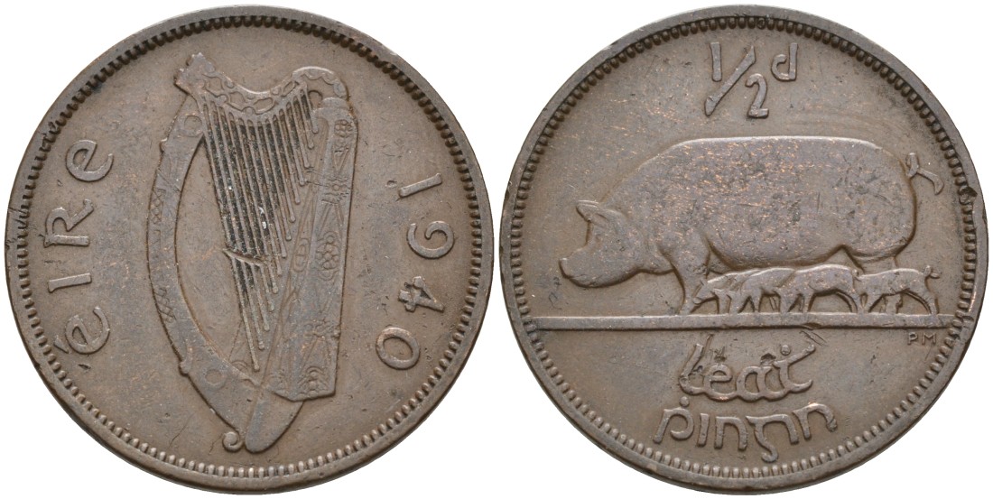 Ирландия 1/2 пенни 1940 свинья с поросятами KM 10 бронза 4561-1131