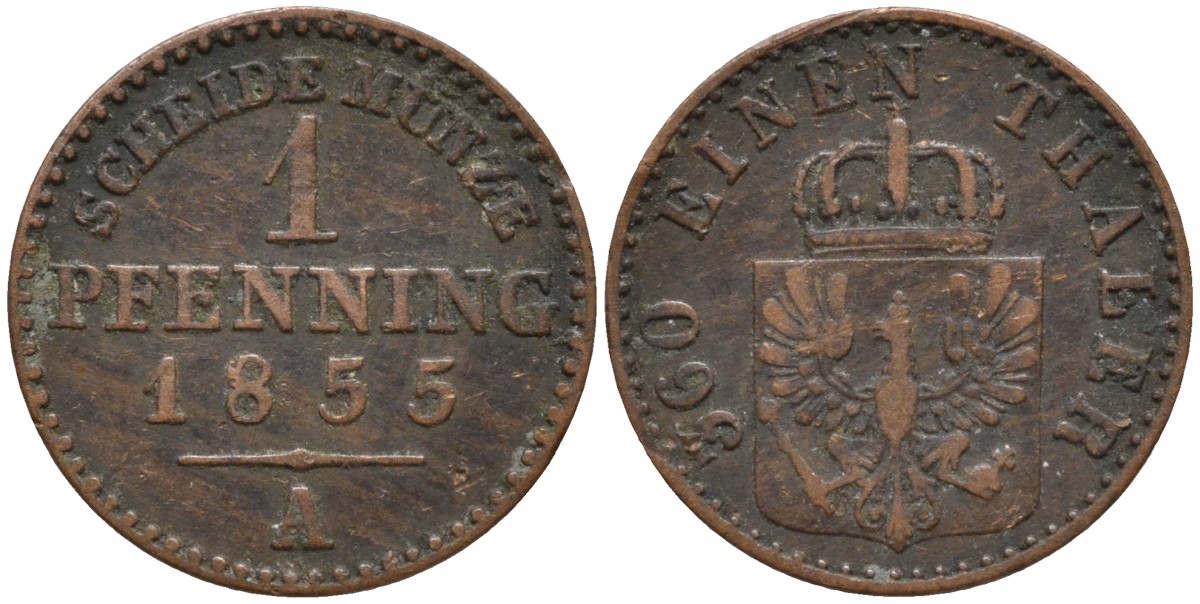 Пруссия 1 пфенниг 1855 A, Фридрих Вильгельм IV (1840-1861) KM 451 медь 4532-213