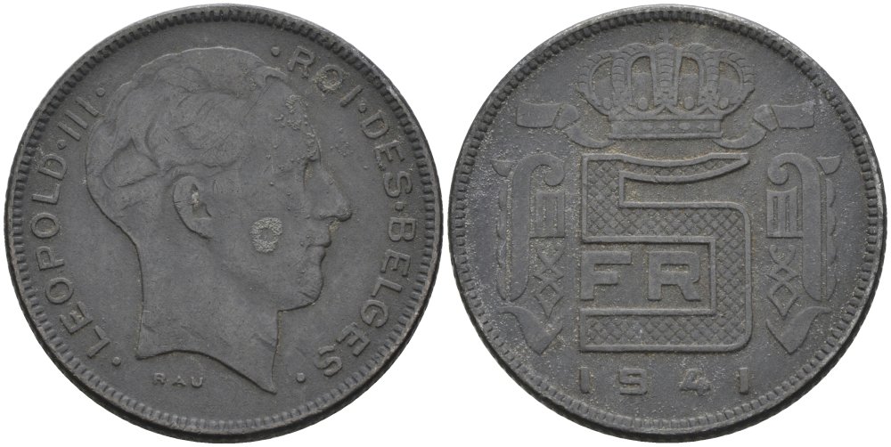 Бельгия 5 франков 1941 BELGES, Леопольд III (1934-1947) KM 129.1 цинк 4579-251