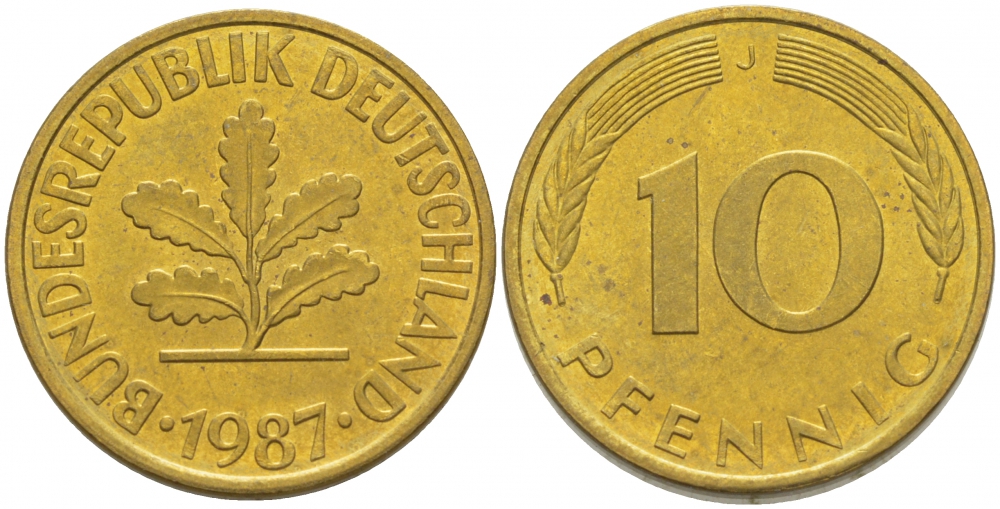 ФРГ 10 ПФЕННИГОВ 1987 J KM 108, J.383 сталь плакированная латунью 3718-834