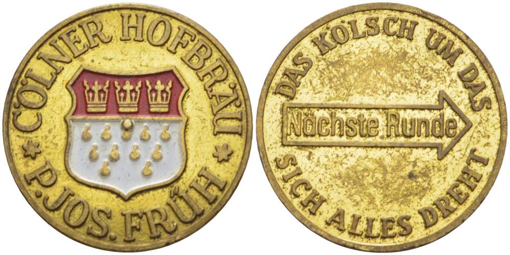 ГЕРМАНИЯ ЖЕТОН ND КЁЛЬНСКАЯ ПИВОВАРНЯ P. JOS. FRUH, ЦВЕТНАЯ ЭМАЛЬ, ДИАМЕТР 27 ММ. жёлтый металл 4179-135