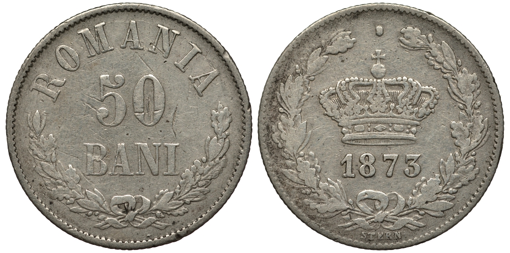 Румыния 50 бани 1873 b, Кароль I как принц (1866-1881) KM 9 серебро 441-1513