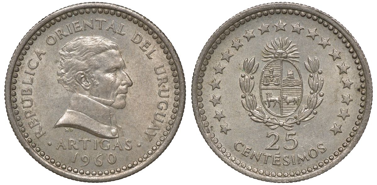 Уругвай 25 сентесимо 1960 KM 40 медно-никель 4169-931