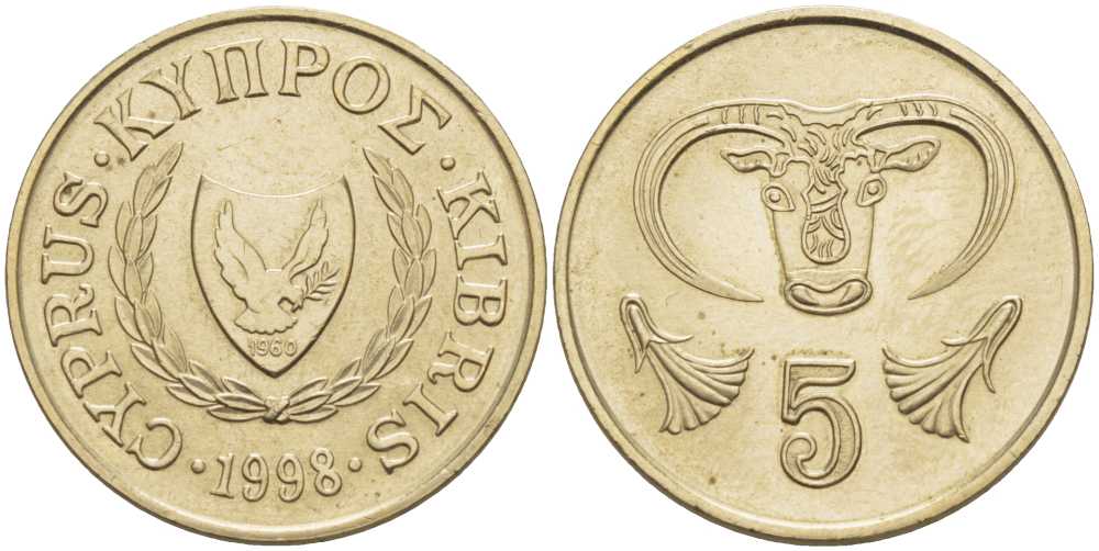 КИПР 5 ЦЕНТОВ 1998 ГОЛОВА БЫКА KM 55.3 никель латунь 119-1237