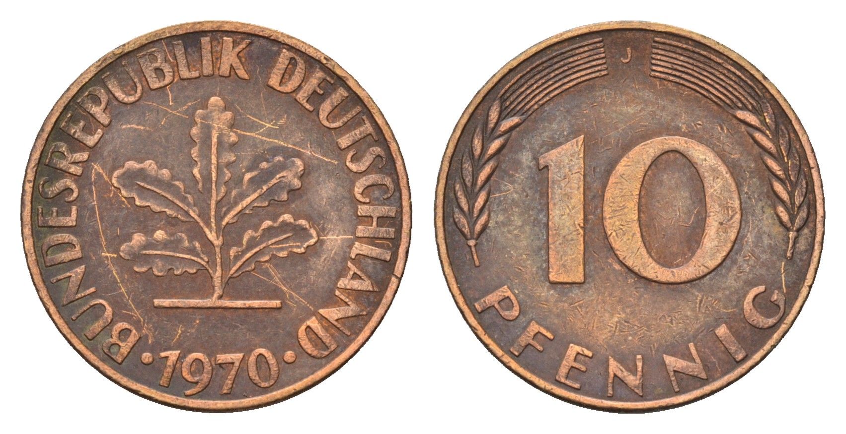 ФРГ 10 пфеннигов 1970 J KM 108, J. 383 сталь плакированная латунью 187-757