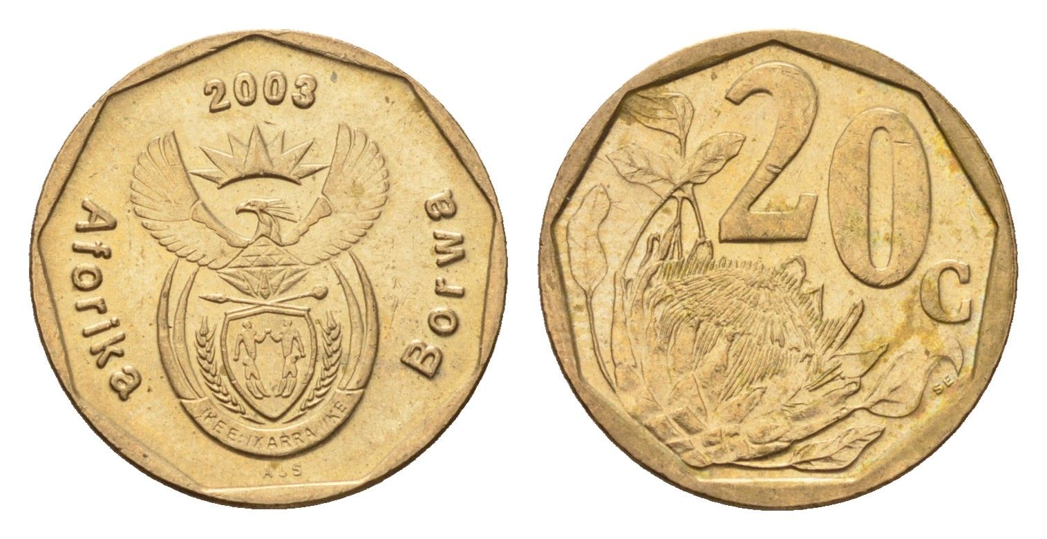 ЮАР 20 центов 2003 герб, цветок протея KM 327 сталь плакированная бронзой UNC 4687-551