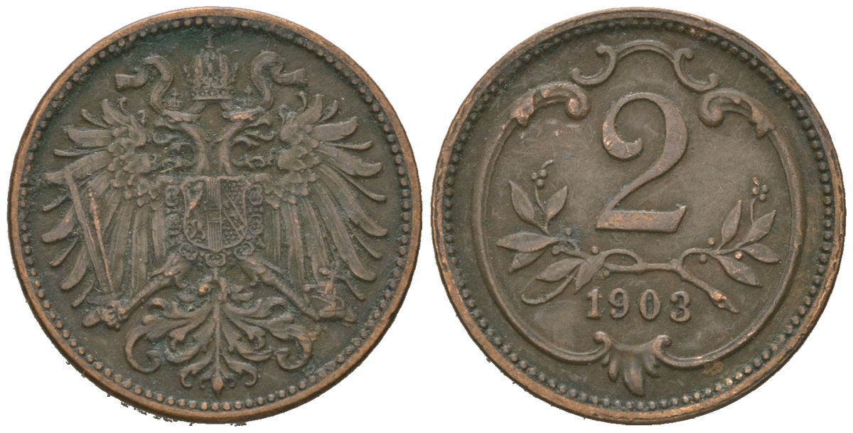 Австрия 2 геллера 1903 Франц Иосиф I (1848-1916) KM 2801 бронза 4615-561