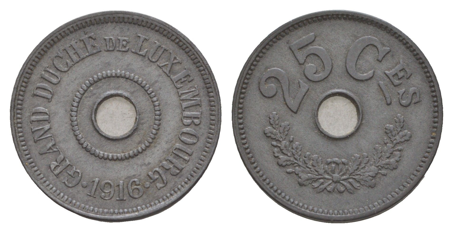 Люксембург 25 сантимов 1916 год-тип, Мария Аделаида (1912-1919), Германская оккупация KM 29 цинк 4654-644