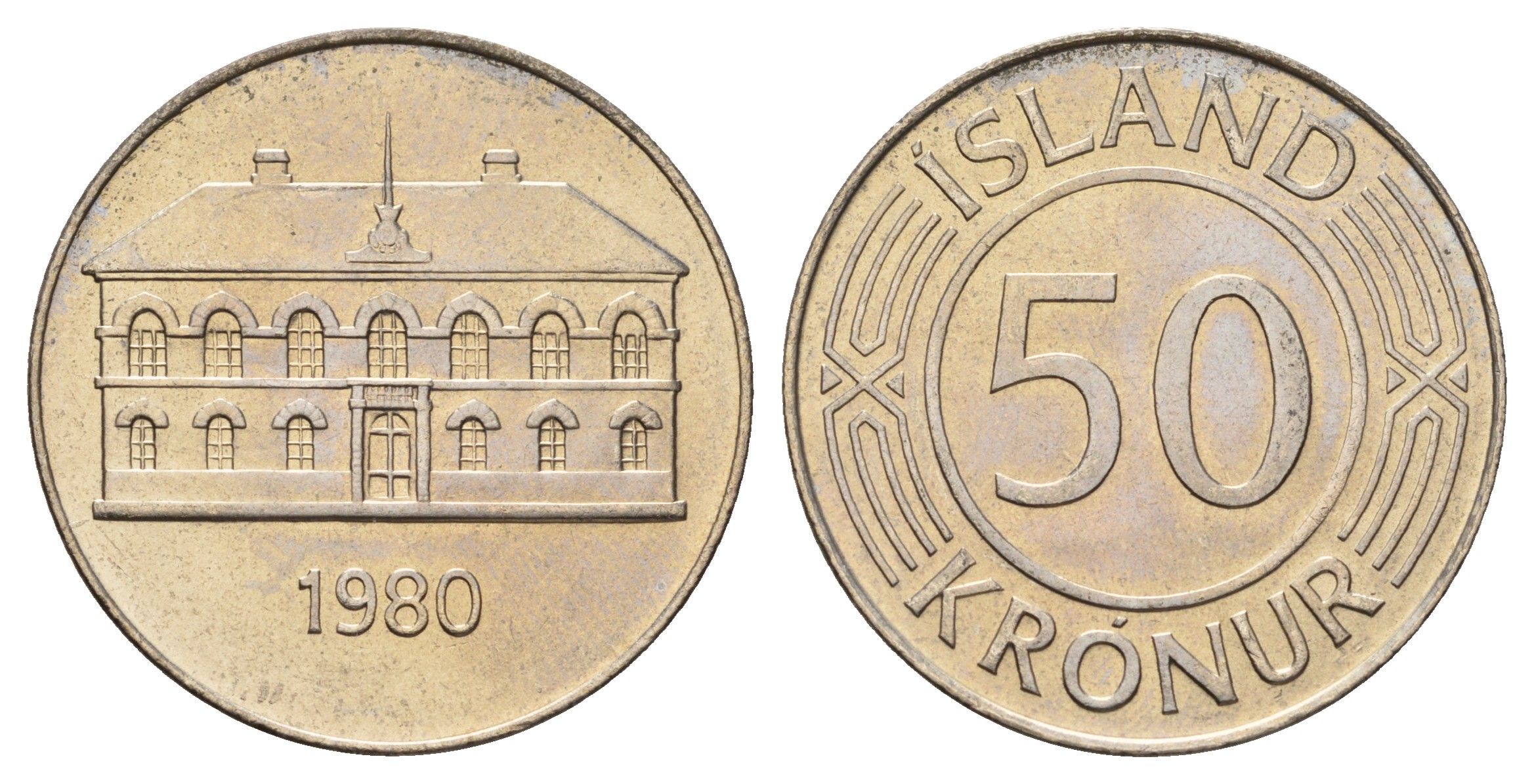 Исландия 50 крон 1980 здание парламента в Рейкьявике KM 19 медно-никель UNC 4403-942