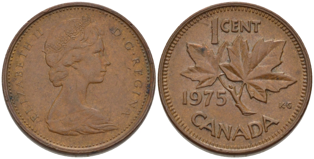 Канада 1 цент 1975 Елизавета II (1952-2022), кленовый лист KM 59.1 бронза 96-465