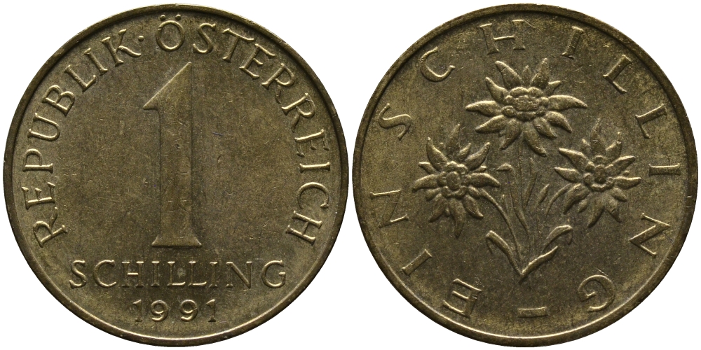 АВСТРИЯ 1 ШИЛЛИНГ 1991 KM 2886 алюминиевая бронза 33-525