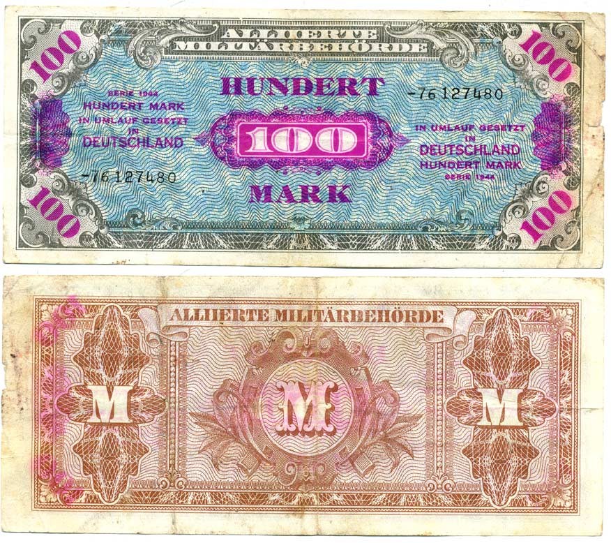 Германия, оккупация союзниками 100 марок 1944 8 цифр, без кода, выпуск СССР Pick 197 d, Розенберг 206 d бумага 7207-40-3