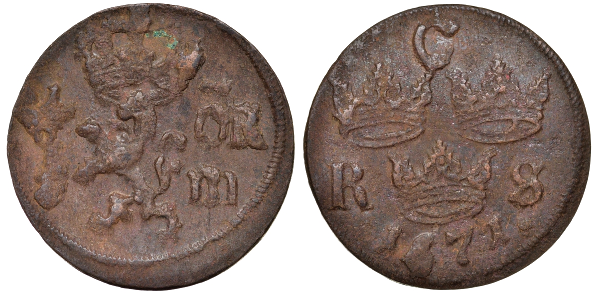 Швеция 1/6 эре 1671 Карл XI (1660-1697) была в обращении на территории России KM 254 медь 4177-415