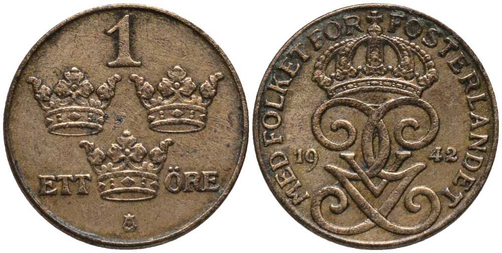 Швеция 1 эре 1942 Густав V (1907-1950) KM 777.2 бронза 201-1141