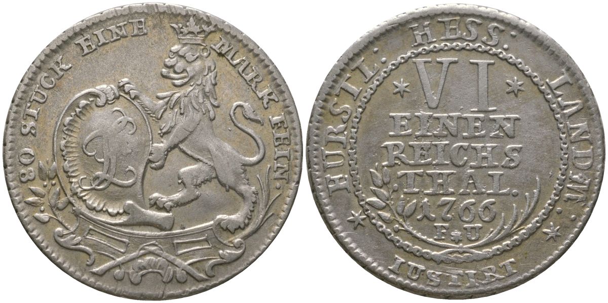 Гессен-Кассель 1/6 талера 1766 FU, Фридрих II (1760-1785), Щит с монограммой стоит рядом со львом, дата под номиналом KM 479 серебро 4525-151