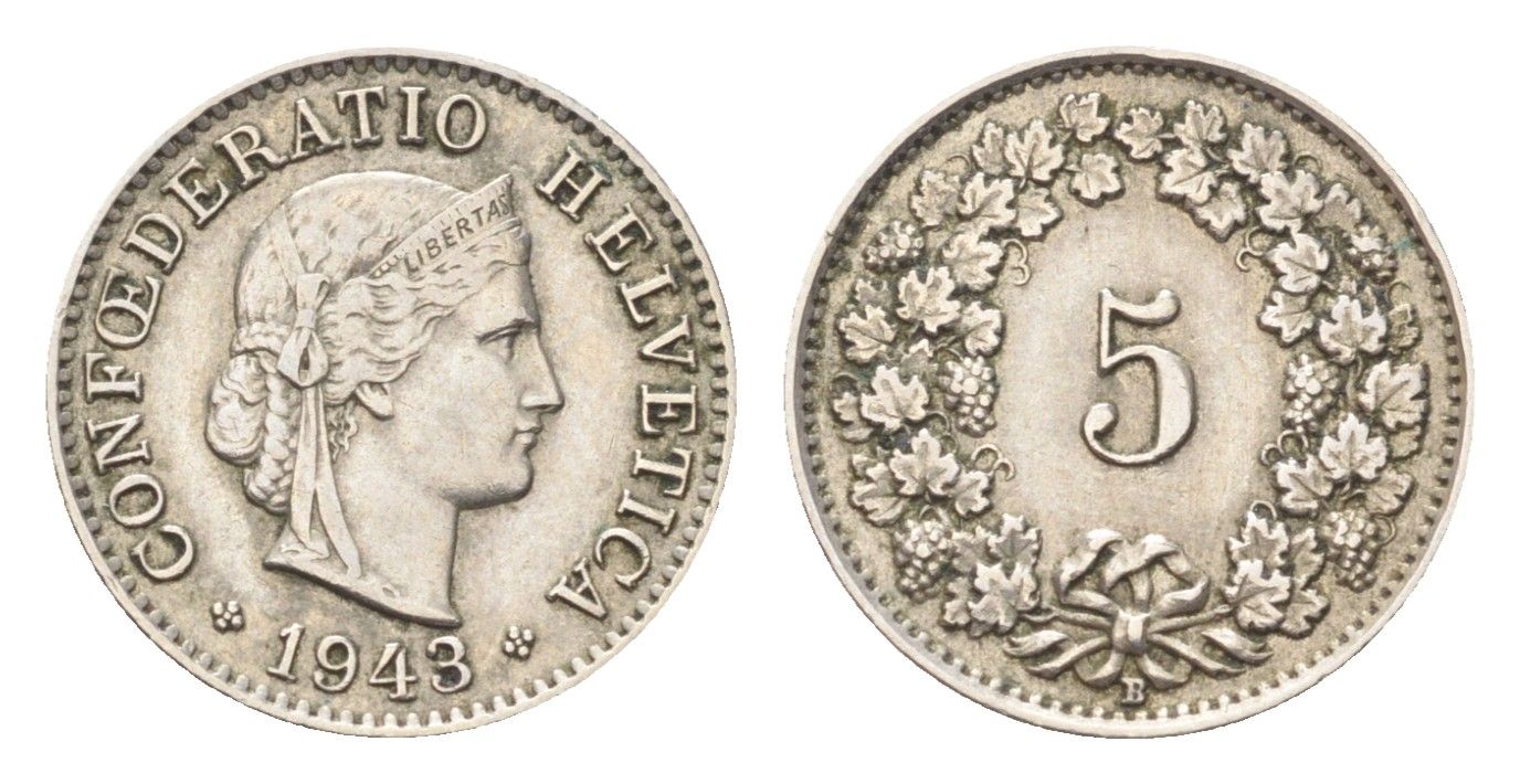 Швейцария 5 раппенов 1943 B KM 26 медно-никель 4705-1236