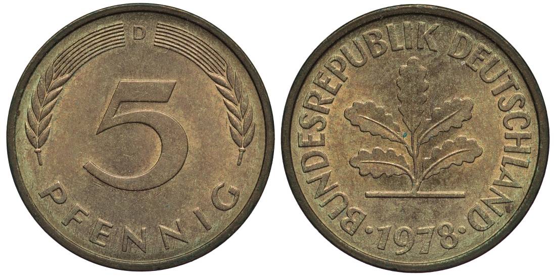 ФРГ 5 ПФЕННИГОВ 1978 D KM 107, Jager 382 сталь плакированная латунью 4547-759