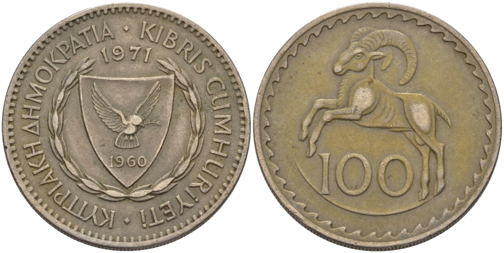 КИПР 100 МИЛСОВ 1971 ЕВРОПЕЙСКИЙ МУФЛОН KM 42 медно-никель 82-635