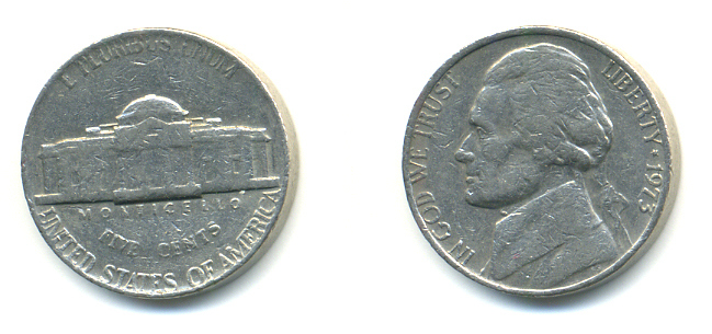 США 5 ЦЕНТОВ 1973 ДЖЕФФЕРСОН KM A192 медно-никель 89-453