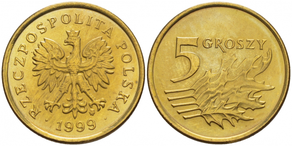 Польша 5 грошей 1999 MW KM 278, Parchimowicz 703f латунь UNC 4516-1157