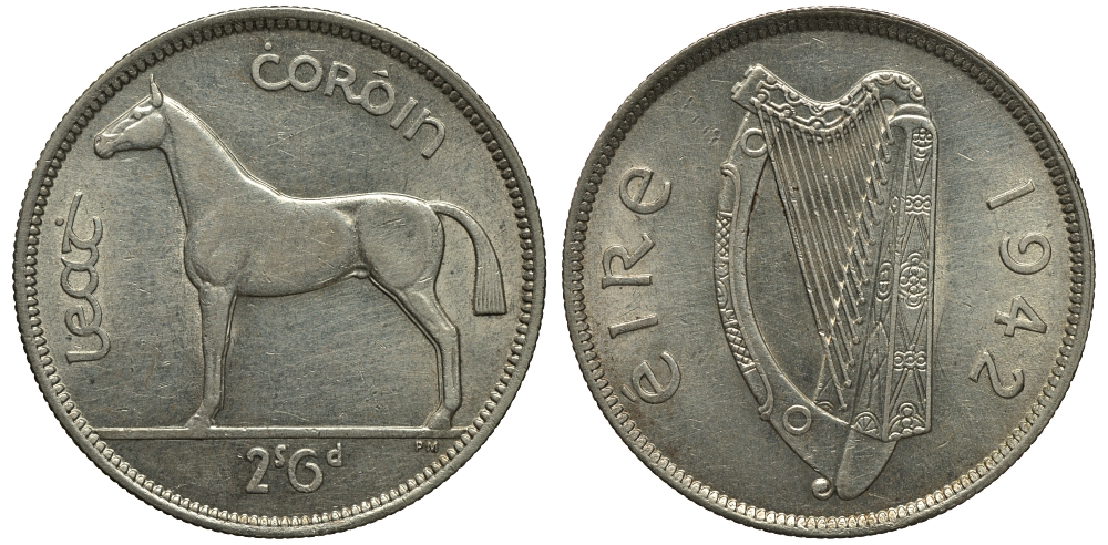 Ирландия 1/2 кроны 1942 лошадь KM 16 серебро 00-819-13
