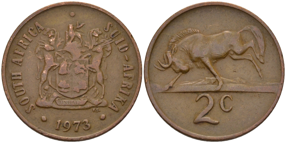 ЮАР 2 цента 1973 герб, антилопа гну KM 83 бронза 67-332