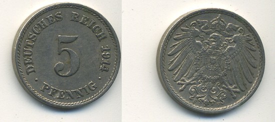 ГЕРМАНИЯ 5 ПФЕННИГОВ 1914 F, KM 11, J. 12 медно-никель 54-623