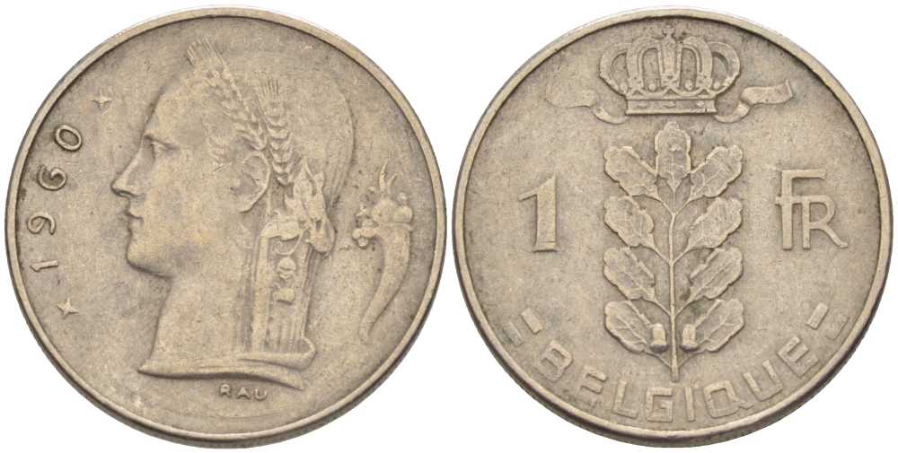 БЕЛЬГИЯ 1 ФРАНК 1960 BELGIQUE, БОДУЭН I (1951-1993) KM 142.1 медно-никель 202-1014