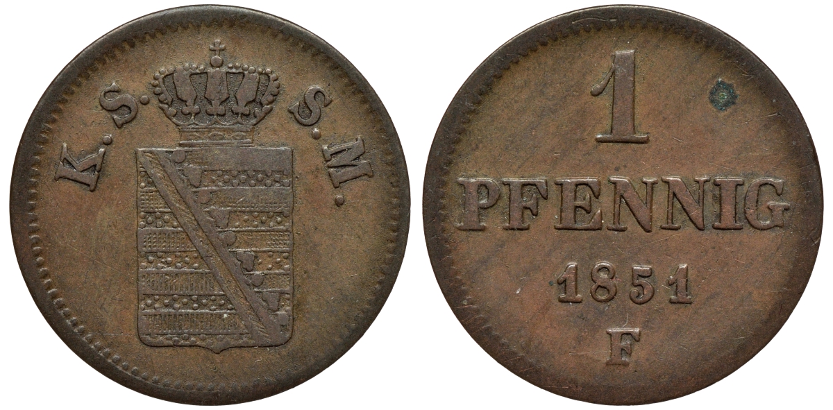 САКСОНИЯ 1 ПФЕННИГ 1851 ФРИДРИХ АВГУСТ II KM 1155, AKS 112, J. 79 медь 75-112