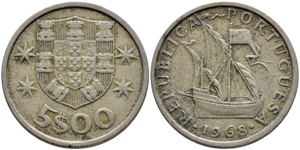 ПОРТУГАЛИЯ 5 ЭСКУДО 1968 ПАРУСНИК KM 591 медно-никель 4395-855