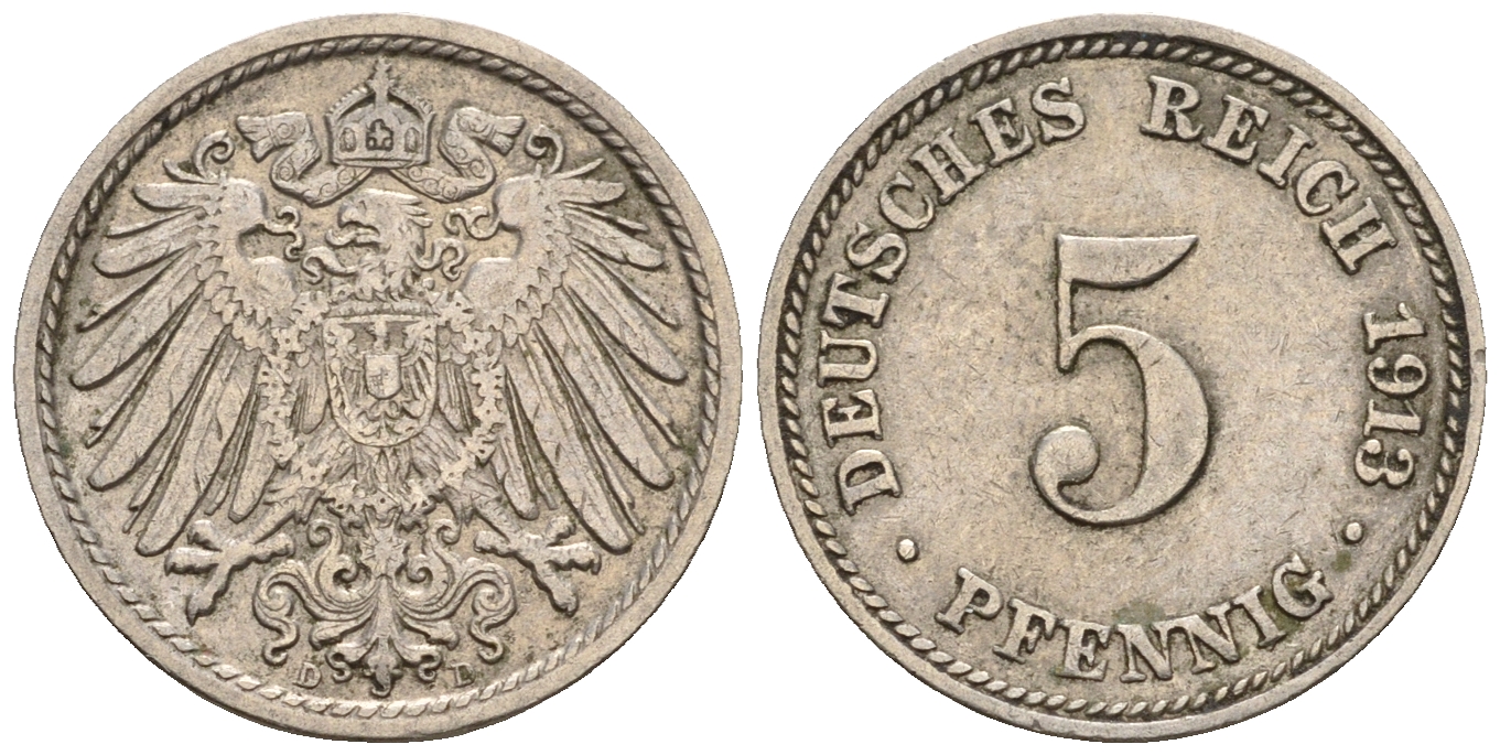 Германия 5 пфеннигов 1913 D, KM 11, J. 12 медно-никель 220-715