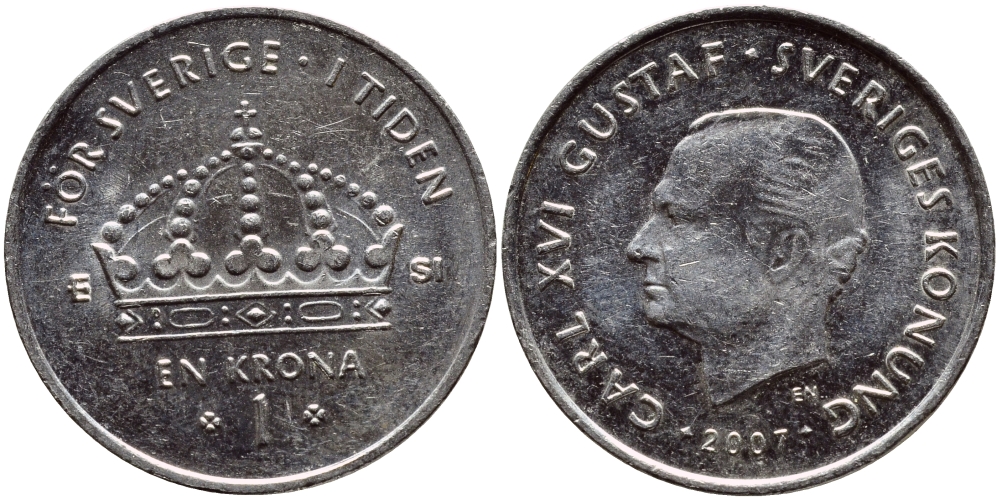 Швеция 1 крона 2007 Карл XVI Густав (1973- ) KM 894 медно-никель 176-234