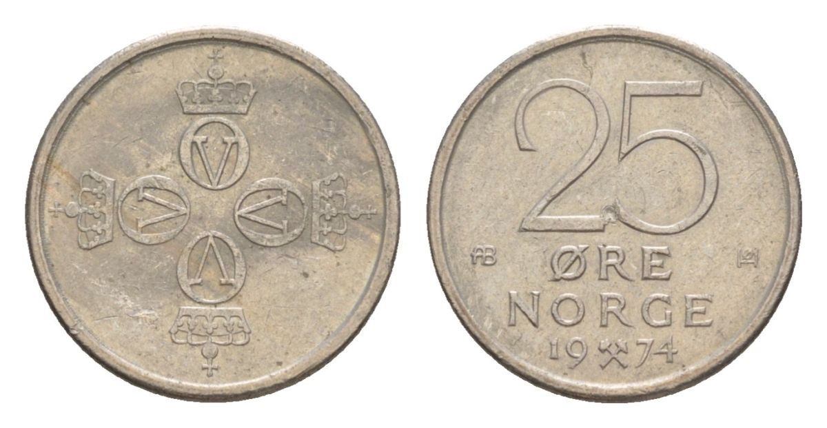 Норвегия 25 эре 1974 Улаф V (1957-1991) KM 417 медно-никель 4632-1247