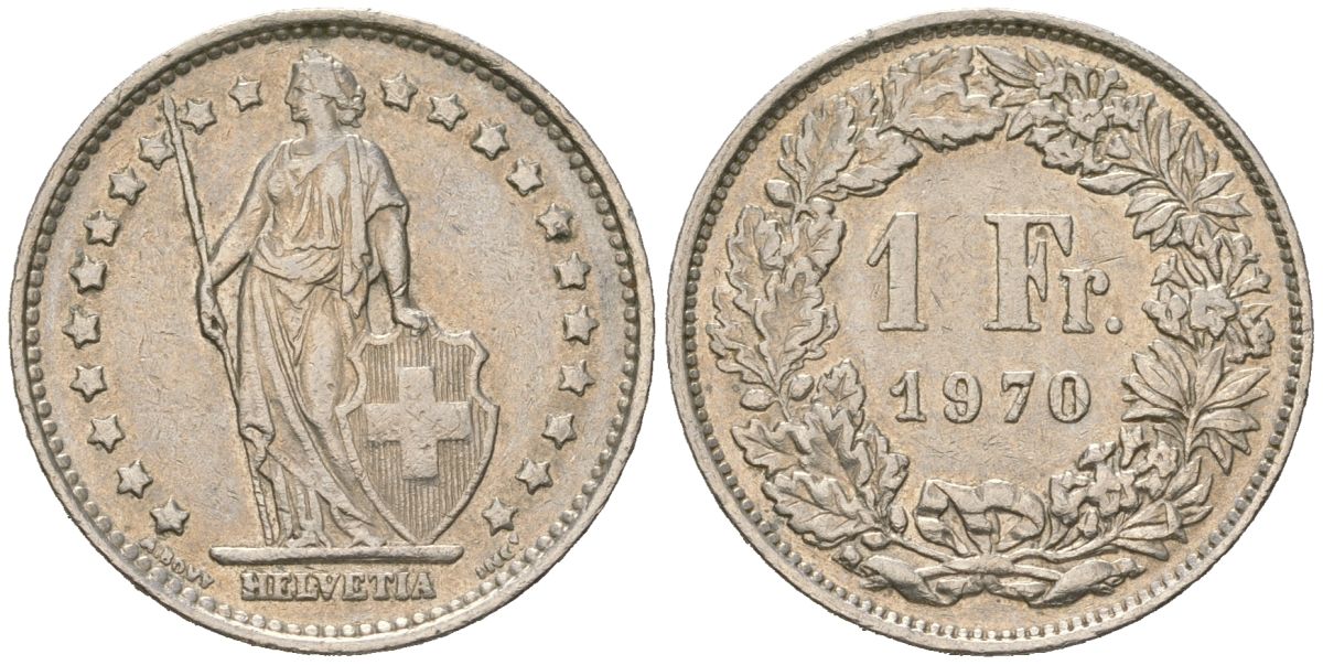 Швейцария 1 франк 1970 KM 24a.1 медно-никель 216-856