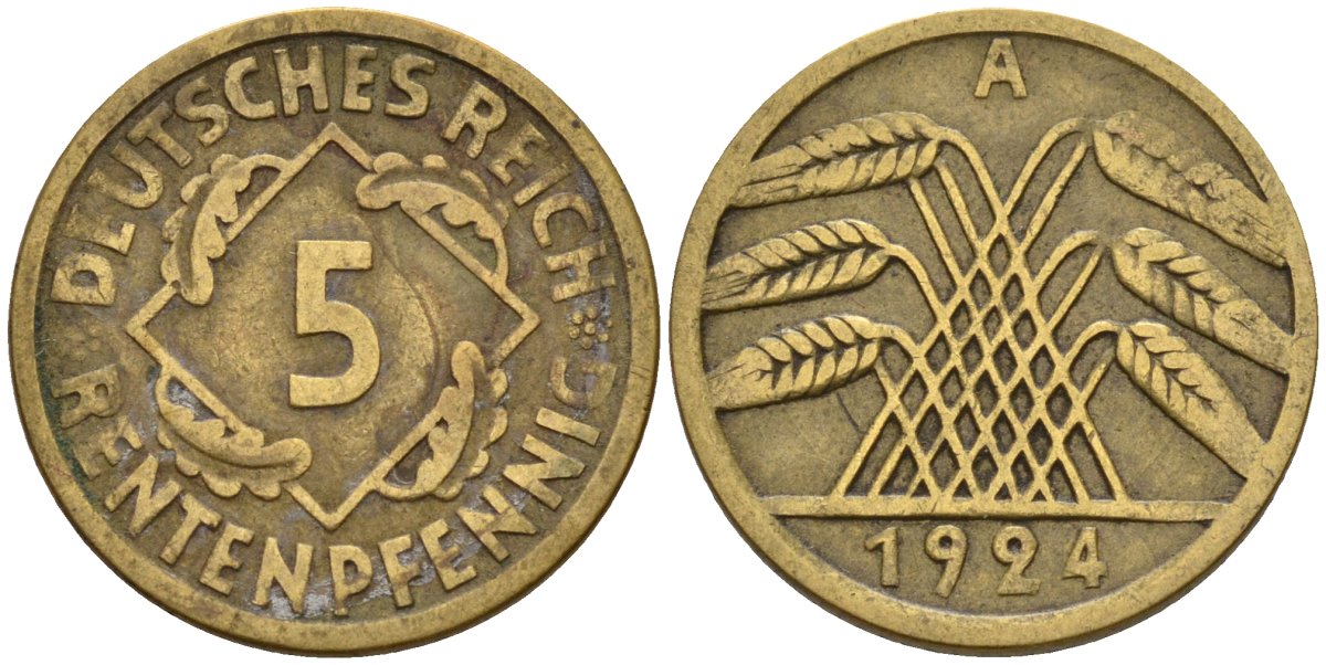 Германия 5 рентенпфеннигов 1924 A KM 32, J. 308 алюминиевая бронза 4151-655