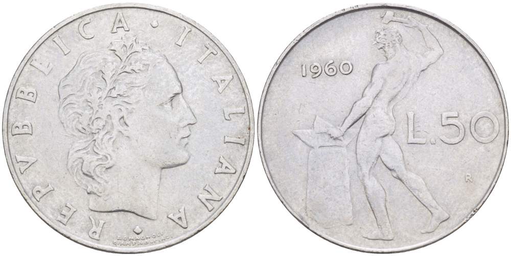 ИТАЛИЯ 50 ЛИР 1960 R, КУЗНЕЦ, ВУЛКАН БОГ ОГНЯ, ДИАМЕТР 25 ММ., РЕДКИЙ ГОД ПО КРАУЗЕ VF-10 KM 95.1 нержавеющая сталь 4448-244