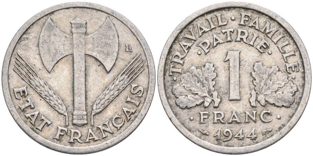 Франция 1 франк 1944 правительство Виши KM 902.1, Le Franc алюминий 4126-852