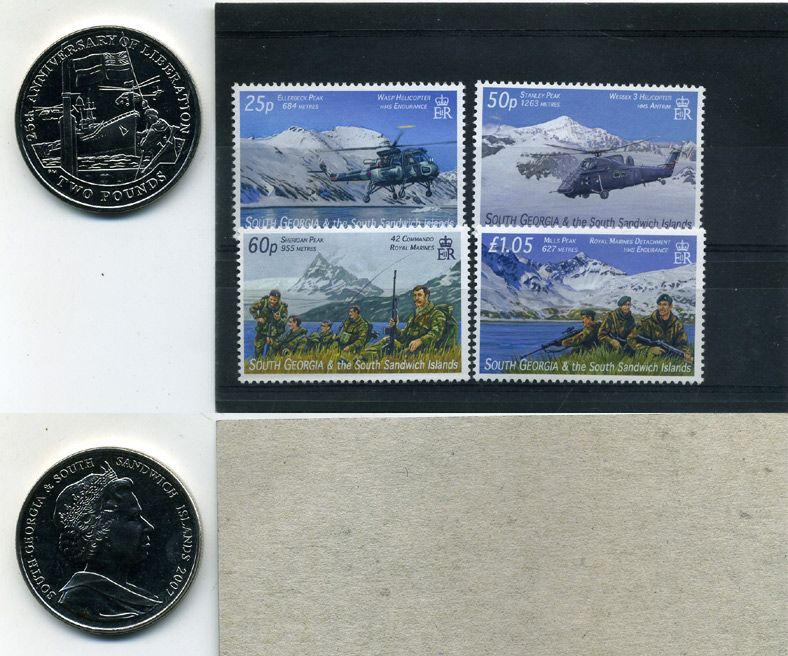 Южная Георгия и Южные Сандвичевы Острова 2 фунта 2007 25 ЛЕТ НЕЗАВИСИМОСТИ ПЛЮС 4 МАРКИ UNC 7-5-19