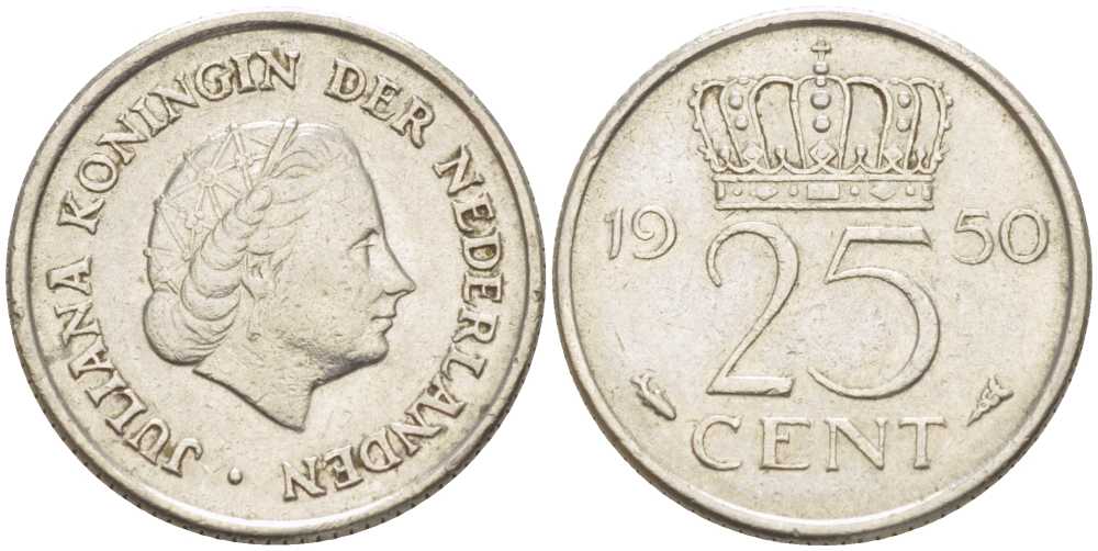 НИДЕРЛАНДЫ 25 ЦЕНТОВ 1950 ЮЛИАНА (1948-1980) KM 183 никель 214-914