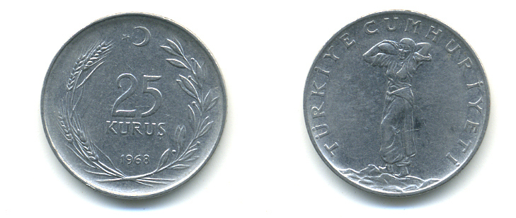 ТУРЦИЯ 25 КУРУШ 1968 KM 892.3 сталь 176-1031
