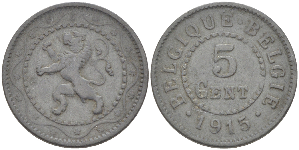 БЕЛЬГИЯ 5 САНТИМОВ 1915 BELGIQUE-BELGIE, ГЕРМАНСКАЯ ОККУПАЦИЯ ПЕРВАЯ МИРОВАЯ ВОЙНА KM 80 цинк 75-1168