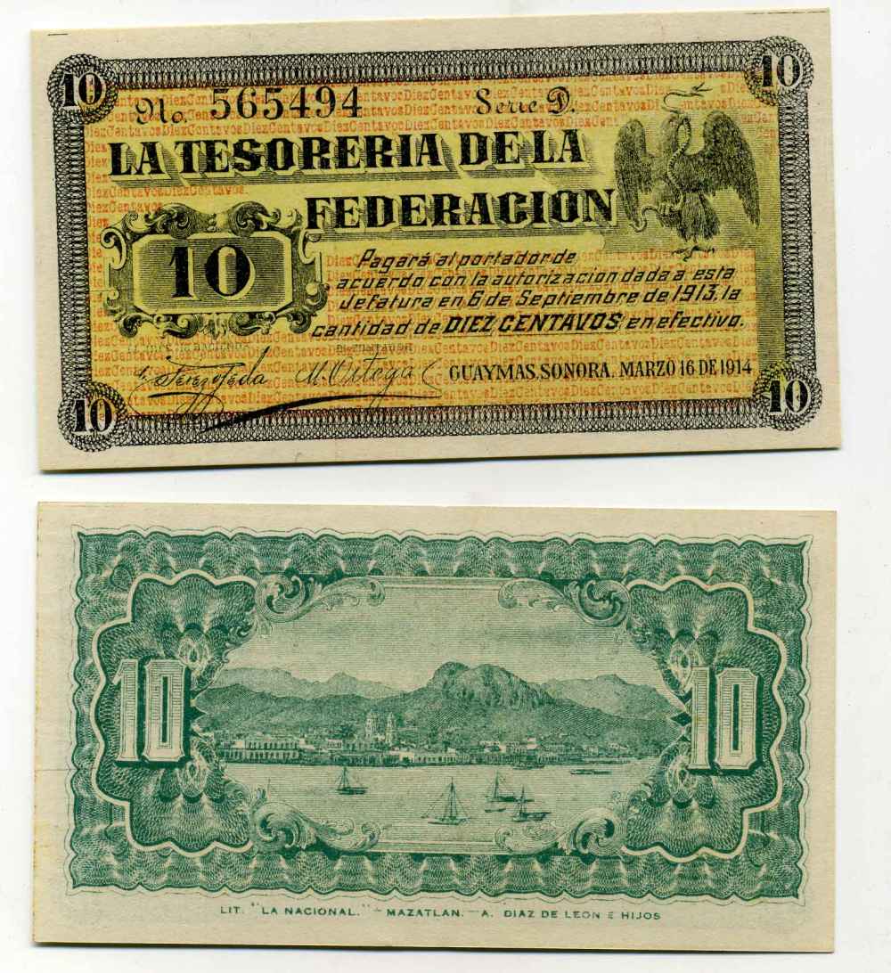 МЕКСИКА 10 СЕНТАВО 1913 LA TESORERIA DE LA FEDERACION, GUAYMAS, СЕРИЯ D Pick S1058 бумага UNC (ПРЕСС) 8589-56-3-1