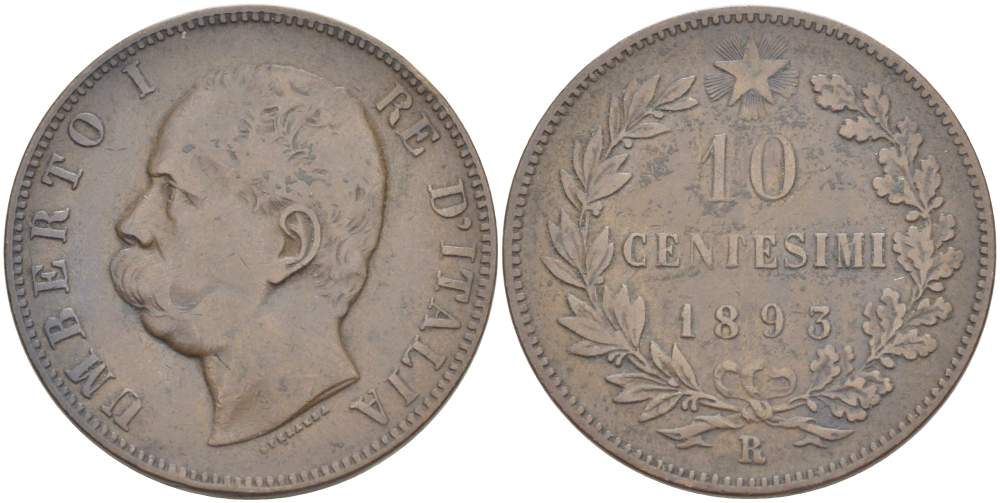 ИТАЛИЯ 10 ЧЕНТЕЗИМО 1893 R, МОНДВОР РИМ, УМБЕРТО I (1878-1900) KM 27.2 медь 4526-926