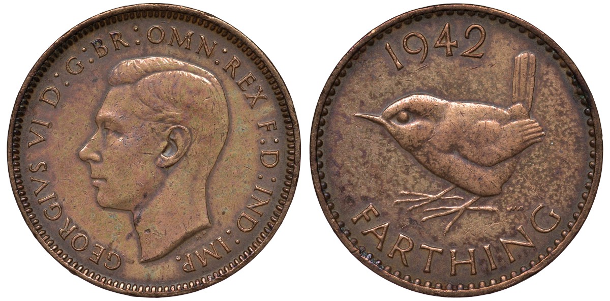 Великобритания 1 фартинг 1942 Георг VI (1936-1952) KM 843, Spink 4116 бронза 4122-655