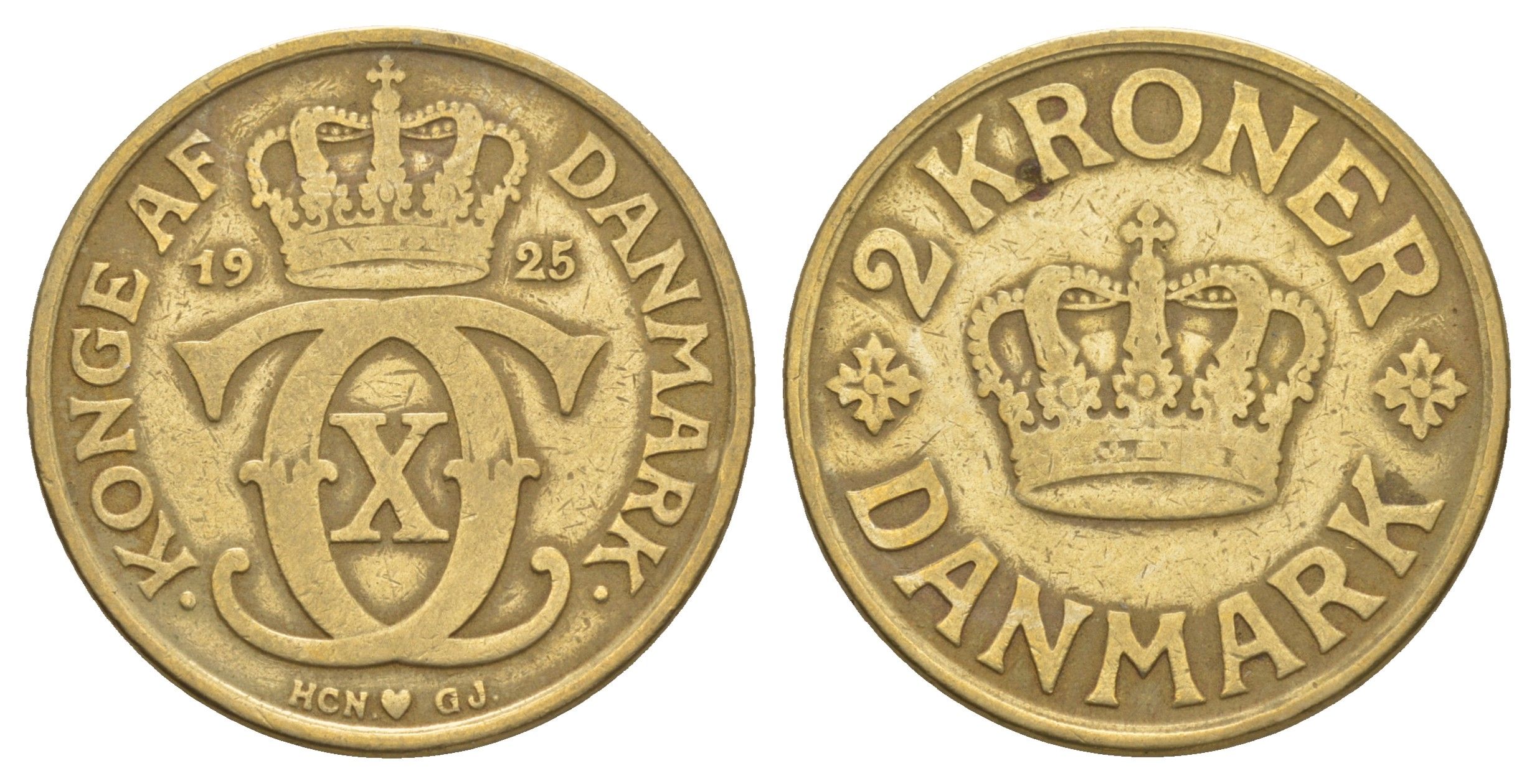 Дания 2 кроны 1925 HCN; GJ, Кристиан X (1912-1947) KM 825 алюминиевая бронза 88-133