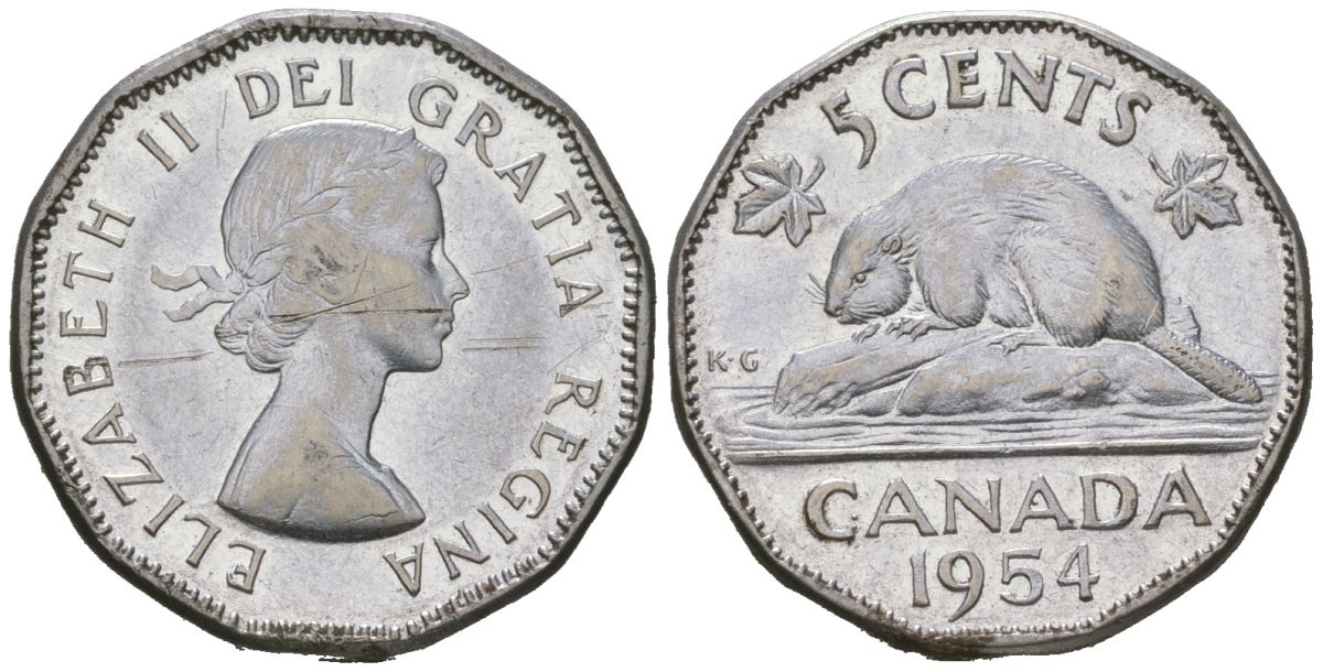 Канада 5 центов 1954 Елизавета II (1952-2022), бобер KM 50 хромированная сталь aUNC 4621-259