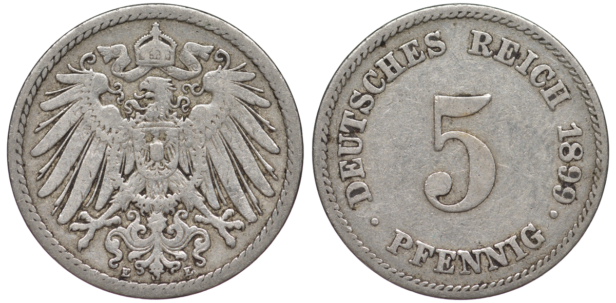 ГЕРМАНИЯ 5 ПФЕННИГОВ 1899 E, KM 11, J. 12 медно-никель 45-1116