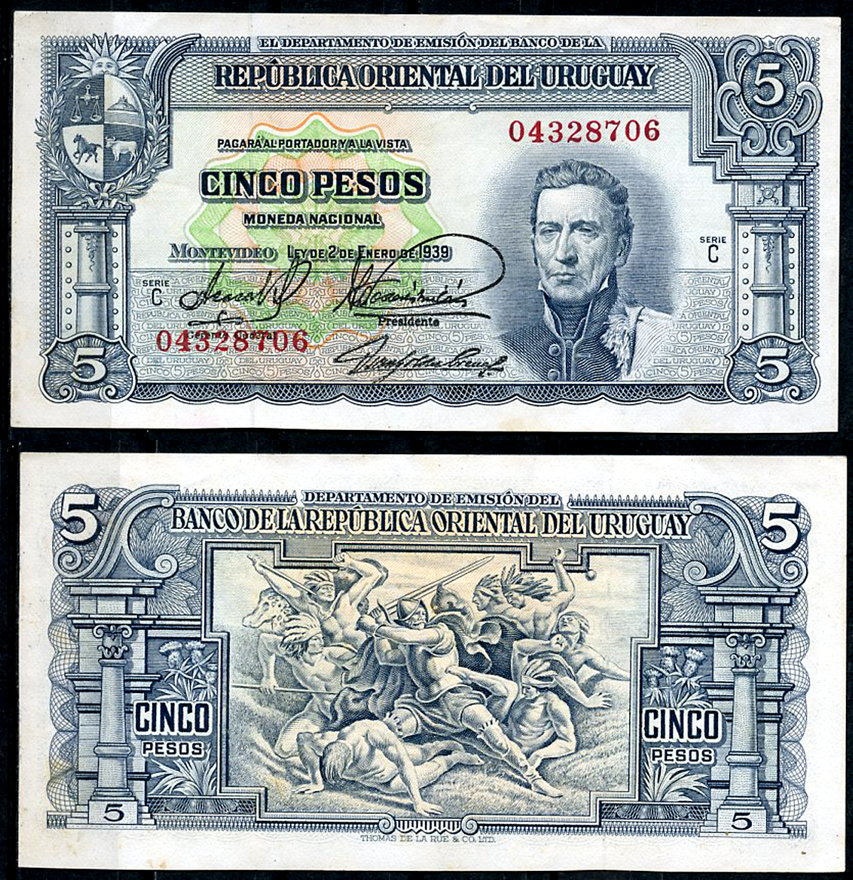 Уругвай 5 песо 1939 Хосе Хервасио Артигас, конкистадор, сражающийся с индейцами, серия С Pick 36 b (1)  бумага 444-130-2-2