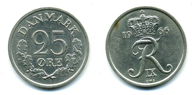 ДАНИЯ 25 ЭРЕ 1966 KM 850 медно-никель 04-925